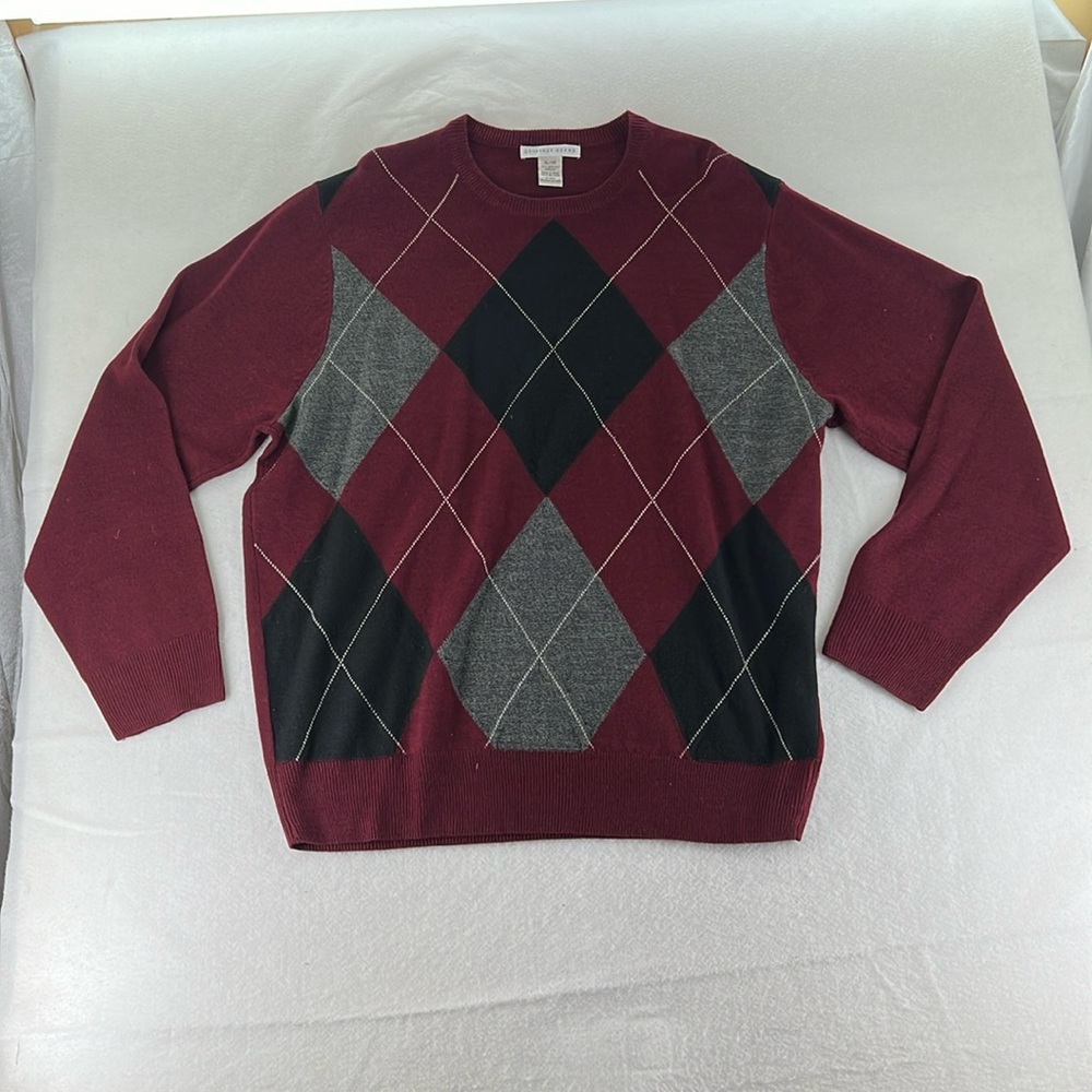 Geoffrey Beene Long Sleeve Sweater Argyle Print Red Black Gray Mens Size XL